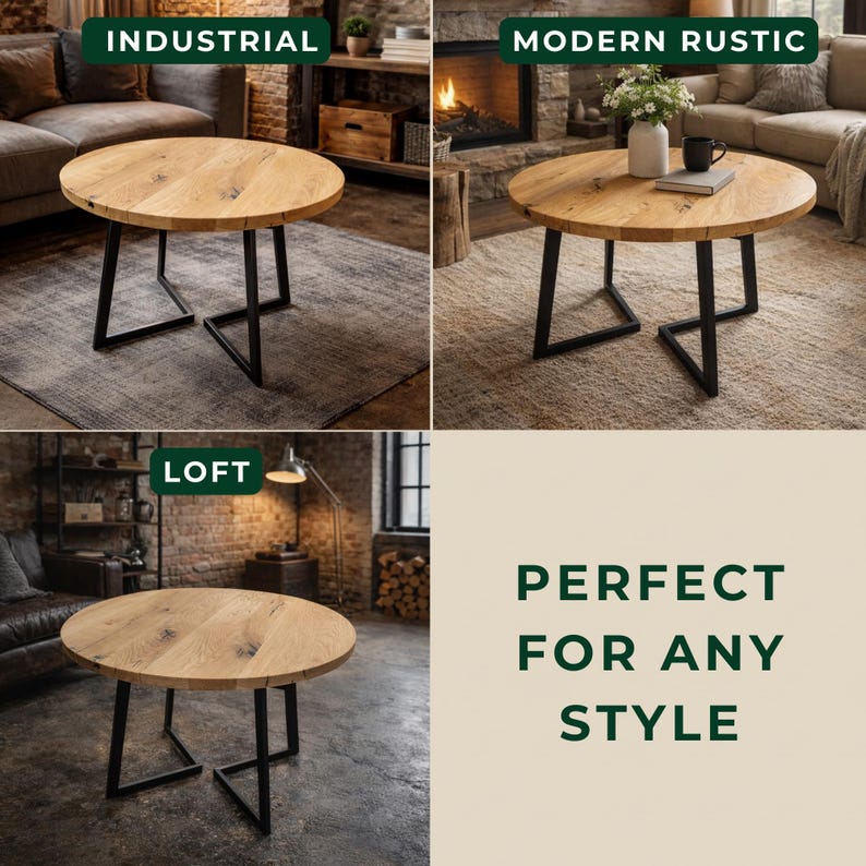 May include: A round coffee table with a natural light wood grain top and a black metal base featuring geometric angled legs. The table is shown in three different room settings labeled Industrial, Modern Rustic, and Loft, with text stating Perfect For Any Style.