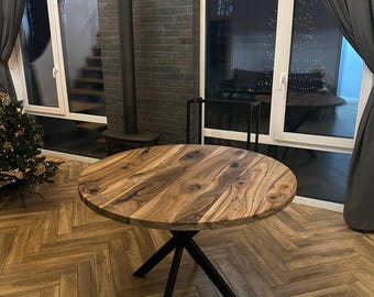Round Extendable Dining Table: Solid Walnut Wood Top Black Metal Base
