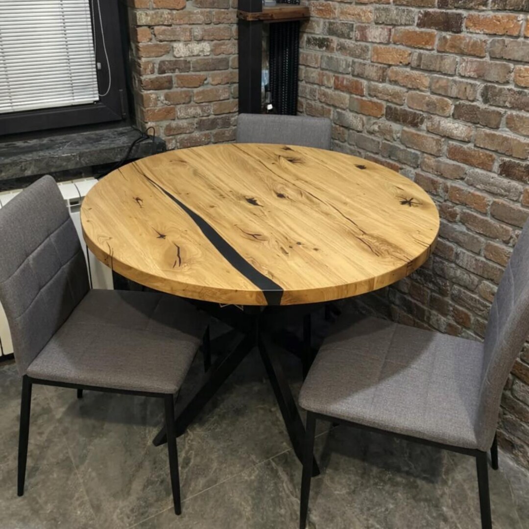 Round Dining Table: Solid Oak Wood Black Steel Base Custom Table Gift ...