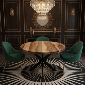 Round Folding Dining Table, Solid Walnut Wood, Black Metal Base, Gift