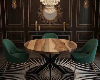 Round Folding Dining Table, Solid Walnut Wood, Black Metal Base, Gift