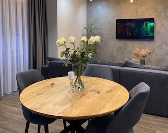 Extendable Solid Oak Dining Table: Round Wood Table with Metal Legs