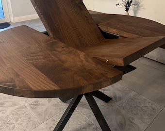 Extendable Dining Table in Solid Walnut Wood with Leaves- 4-10 seats