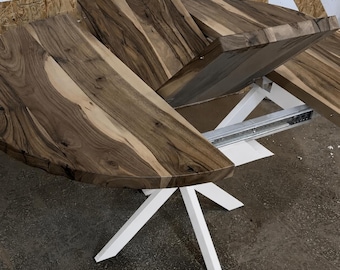 Round Extendable Table, Walnut Wood Dining Table, White Base