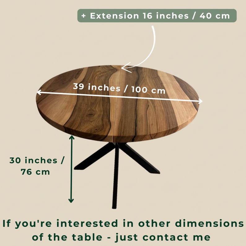 May include: A round wooden table with a natural grain pattern, featuring a black metal base. The table has a diameter of 39 inches, a height of 30 inches, and an optional extension of 16 inches. Text on the image indicates custom dimensions are available.