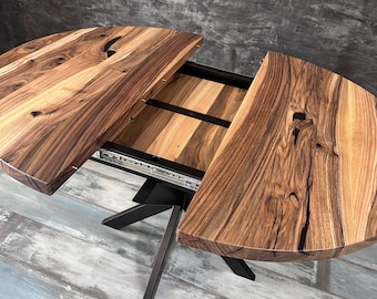 Round Extendable Walnut Dining Table: Solid Wood Expanding Table