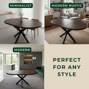 Peut inclure: Une table de salle &agrave; manger ovale marron fonc&eacute; avec une base noire en forme d'&eacute;toile. L'image montre la table dans trois environnements diff&eacute;rents &eacute;tiquet&eacute;s "Minimaliste", "Rustique Moderne" et "Moderne". Le texte "PARFAIT POUR TOUS LES STYLES" est &eacute;galement affich&eacute;.