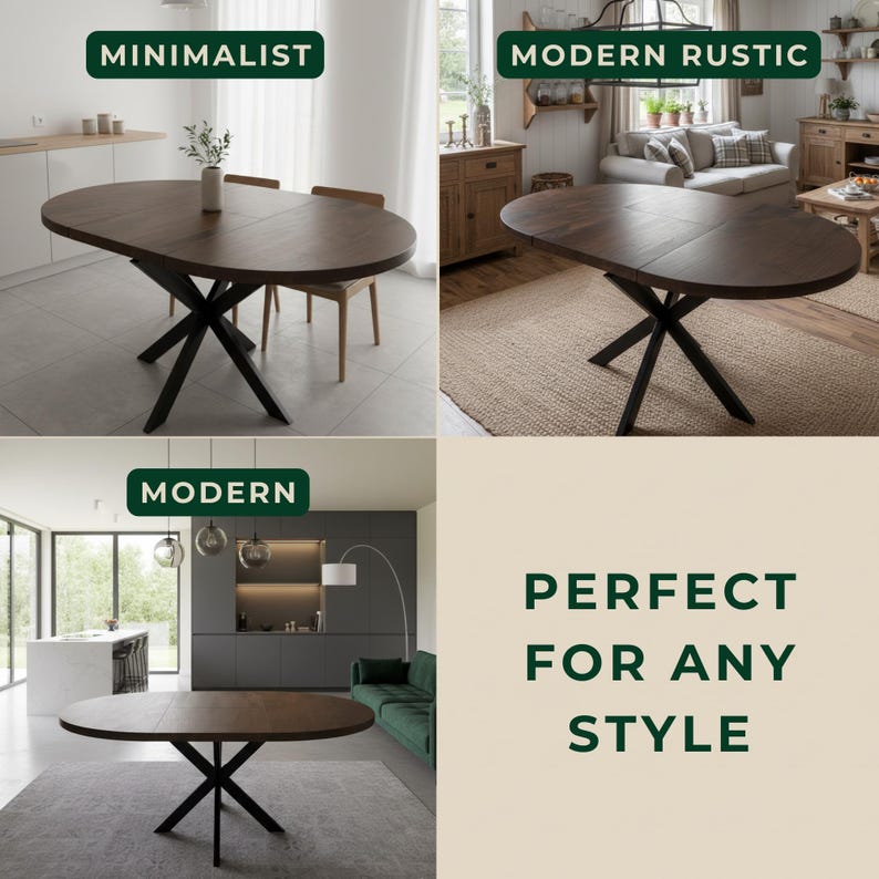 Peut inclure: Une table de salle &agrave; manger ovale marron fonc&eacute; avec une base noire en forme d'&eacute;toile. L'image montre la table dans trois environnements diff&eacute;rents &eacute;tiquet&eacute;s "Minimaliste", "Rustique Moderne" et "Moderne". Le texte "PARFAIT POUR TOUS LES STYLES" est &eacute;galement affich&eacute;.