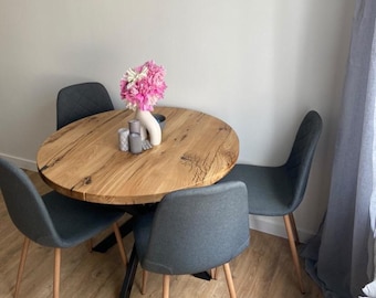 Extendable Round Oak Dining Table: Handmade Solid Wood Table