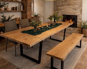 Extendable Oak Dining Table and Bench Set: Solid Wood with Black Legs