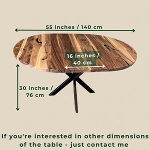 May include: An oval wooden dining table with a natural grain pattern and a black metal base. The table measures 55 inches in length, 16 inches in width, and 30 inches in height. Text on the image reads: If you're interested in other dimensions of the table - just contact me.