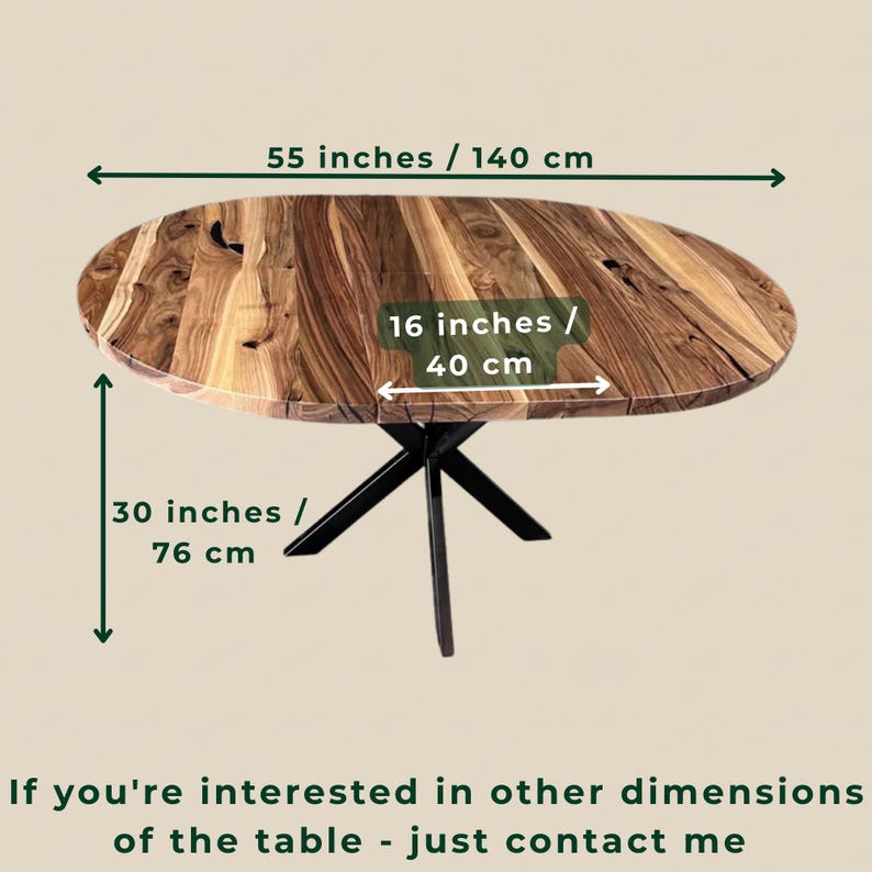 May include: An oval wooden dining table with a natural grain pattern and a black metal base. The table measures 55 inches in length, 16 inches in width, and 30 inches in height. Text on the image reads: If you're interested in other dimensions of the table - just contact me.