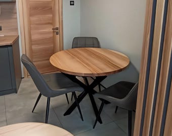 Drop Leaf Table, Esstisch aus Eschenholz, schwarzer Metallsockel