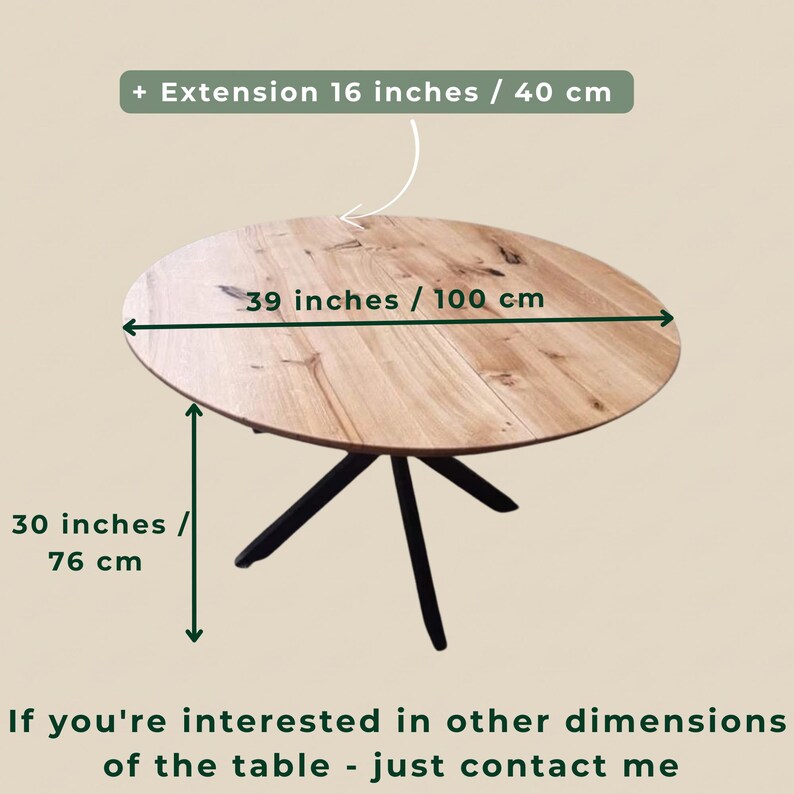 May include: A round wooden dining table with a natural grain finish and black metal legs. The table measures 39 inches in diameter and 30 inches in height, with an optional 16-inch extension. Text on the image reads: + Extension 16 inches / 40 cm, 39 inches / 100 cm, 30 inches / 76 cm, If you're interested in other dimensions of the table - just contact me.