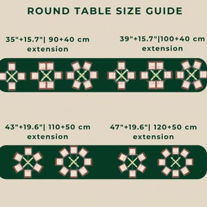 May include: A Round Table Size Guide chart featuring dark green horizontal bars with diagrams of chairs around circular tables. Text includes dimensions in inches and centimeters for various table sizes and extensions, such as 35"+15.7" and 90+40 cm.