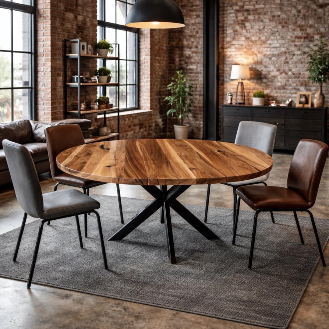 Round Solid Wood Extendable Dining Table, Walnut Top, Black Metal Base ...