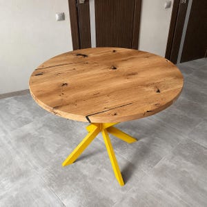 Round Extendable Table, Solid Wood, Yellow Metal Base, Dining Room Gift