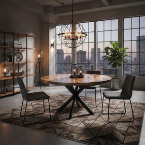 May include: A round wooden dining table with a dark metal X-shaped base, surrounded by three dark gray upholstered chairs with thin metal legs. The table sits on a geometric patterned rug in a room with large windows overlooking a city skyline.