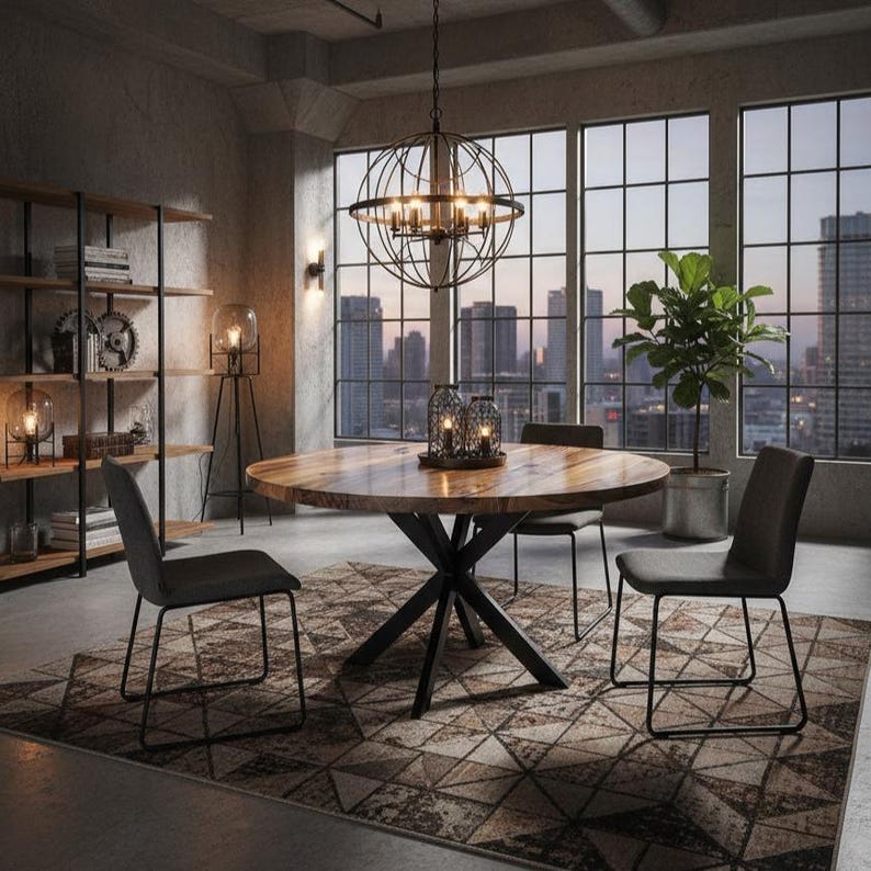 May include: A round wooden dining table with a dark metal X-shaped base, surrounded by three dark gray upholstered chairs with thin metal legs. The table sits on a geometric patterned rug in a room with large windows overlooking a city skyline.