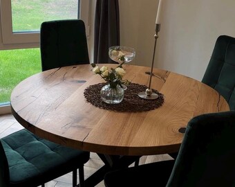 Extendable Round Solid Oak Dining Table: Handmade Epoxy Resin Inlay