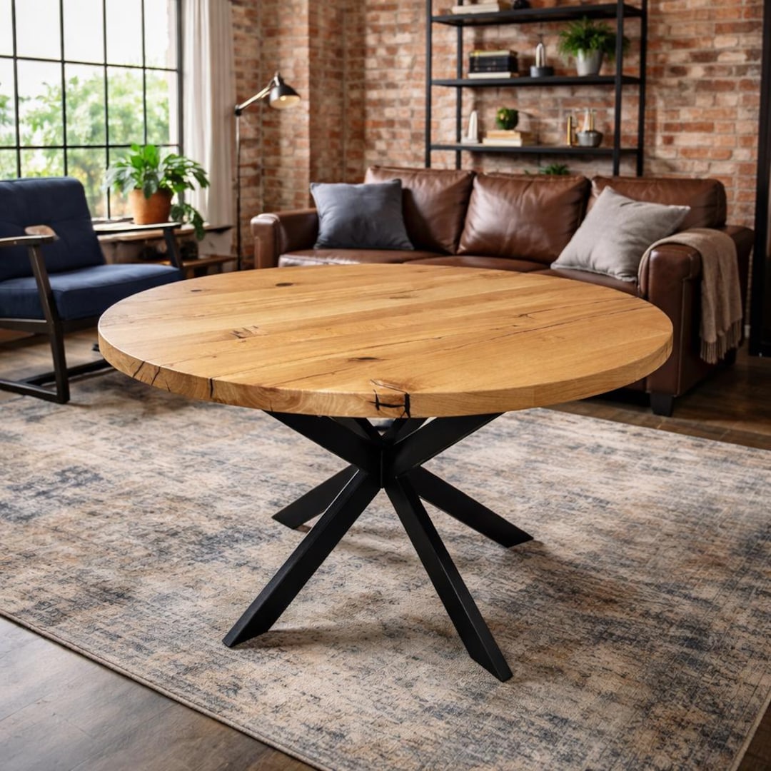 Solid Oak Round Dining Table With Black Metal Base Natural Wood - Etsy