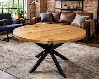 Table de salle à manger ronde en chêne massif avec piètement en métal noir, bois naturel