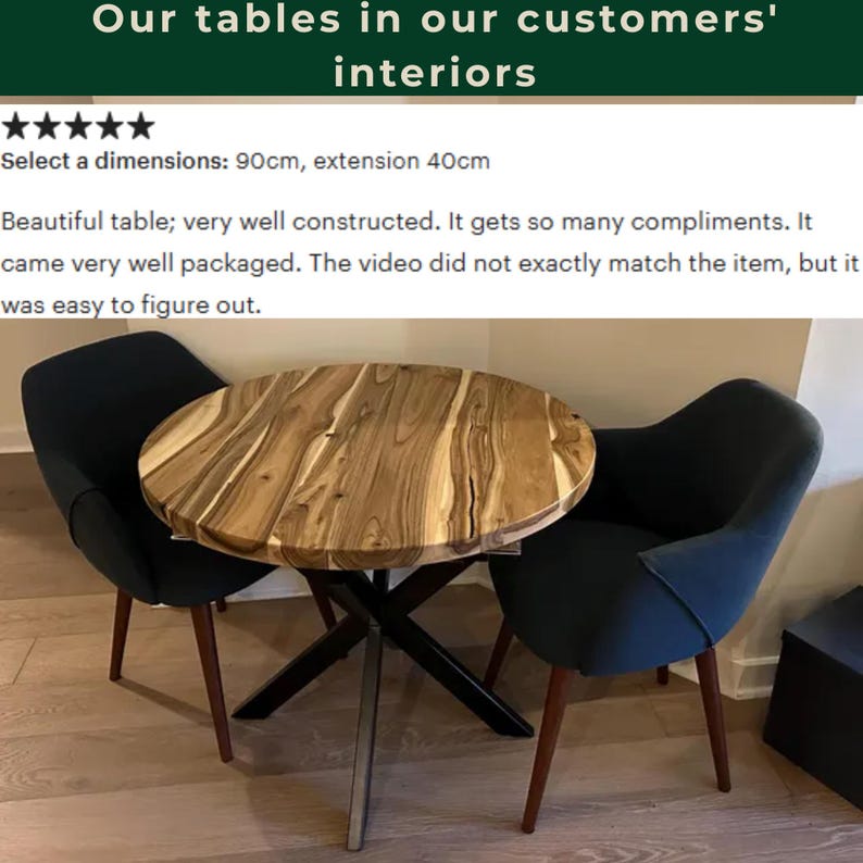 May include: A round wooden dining table with a natural grain pattern and a black metal X-shaped base, accompanied by two dark charcoal upholstered chairs with tapered wooden legs. The text reads: Our tables in our customers' interiors.