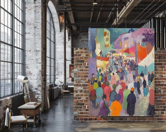 Vibrant Fauvist Landscape Canvas Colorful Abstract Market Scene Art