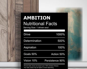 May include: A black and white motivational poster with the text "AMBITION Nutritional Facts" and a list of qualities with percentages, such as "Drive 1000%", "Determination 500%", "Aspiration 100%", "Goals 50%", "Action 50%", "Vision 10%", and "Persistence 90%". The poster has a wood-grain background and a blue and green abstract background.