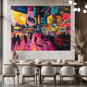 Abstract Expressionist Cityscape Canvas Wall Art  Vibrant Neon Colors Nighttime Urban Scene