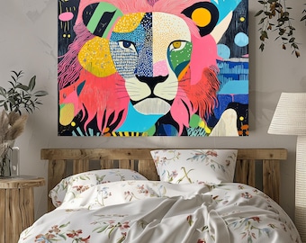 Pop Art Lion Portrait  Colorful Animal Wall Art  Vibrant Abstract Shapes Decor