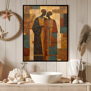 Romantic Couple Wall Art Print, Gilded Celestial Garden Poster for Bedroom Decor, Ruby Teal Abstract Figure Artwork
