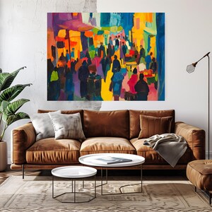 May include: A colorful abstract painting depicting a crowded street scene. The painting features a variety of colors, including yellow, blue, red, and green. The figures in the painting are mostly obscured, but their shapes and forms are visible. The painting is a vibrant and energetic depiction of urban life.