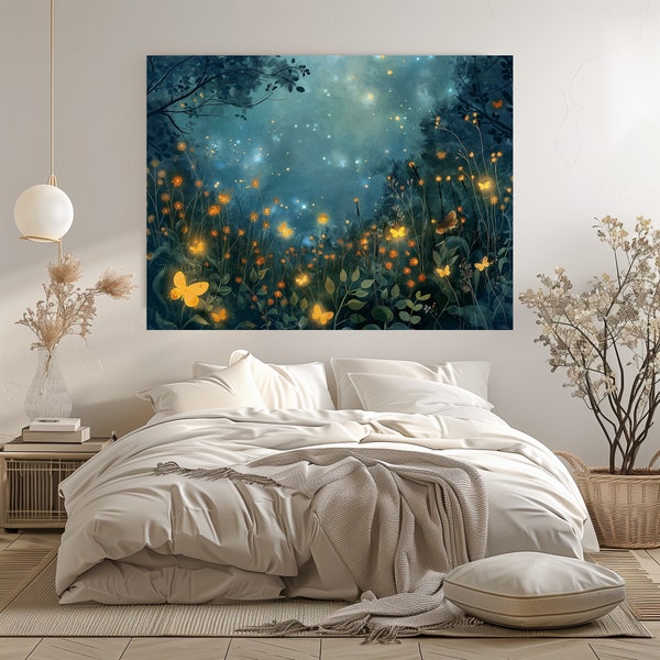 Moonlit Garden Firefly Canvas Wall Art Home Decor Glow in the Dark Night Sky Stars Silhouettes Nature Scene