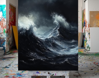 Abstract Expressionist Canvas Art  Stormy Sea with Bold Brushstrokes Dark Moody Colors