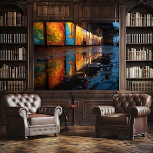 May include: A large framed artwork depicting a street scene with colorful paintings reflecting in a puddle. The artwork is displayed in a room with a dark wood bookcase, two leather armchairs, and a small side table.