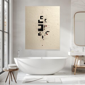 May include: A rectangular wall art print featuring a cream-colored textured background with a central vertical composition of black geometric shapes, thin intersecting lines, and small red square accents arranged in a structured abstract pattern.