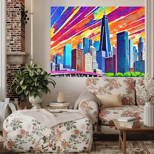 View of Colorful Chicago Cityscape Art Print Modern Urban Wall Decor - Etsy
