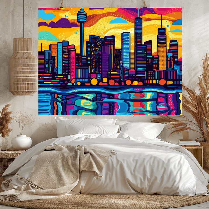Pop Art Skyline Canvas Wall Art Vibrant Dusk Cityscape Print Bold Colorful Urban Decor image 3