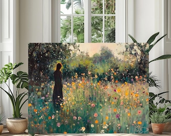 Impressionist Sunlit Meadow Wall Art  Wildflowers  Figure Interaction Canvas Print
