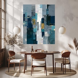 Modern Abstract Geometric Print, Blue Grey Patchwork Wall Art for Living Room Decor, Bold Yellow Minimal Canvas Poster