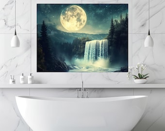 Surreal Upward Waterfall Art Moonlit Forest Canvas Wall Art