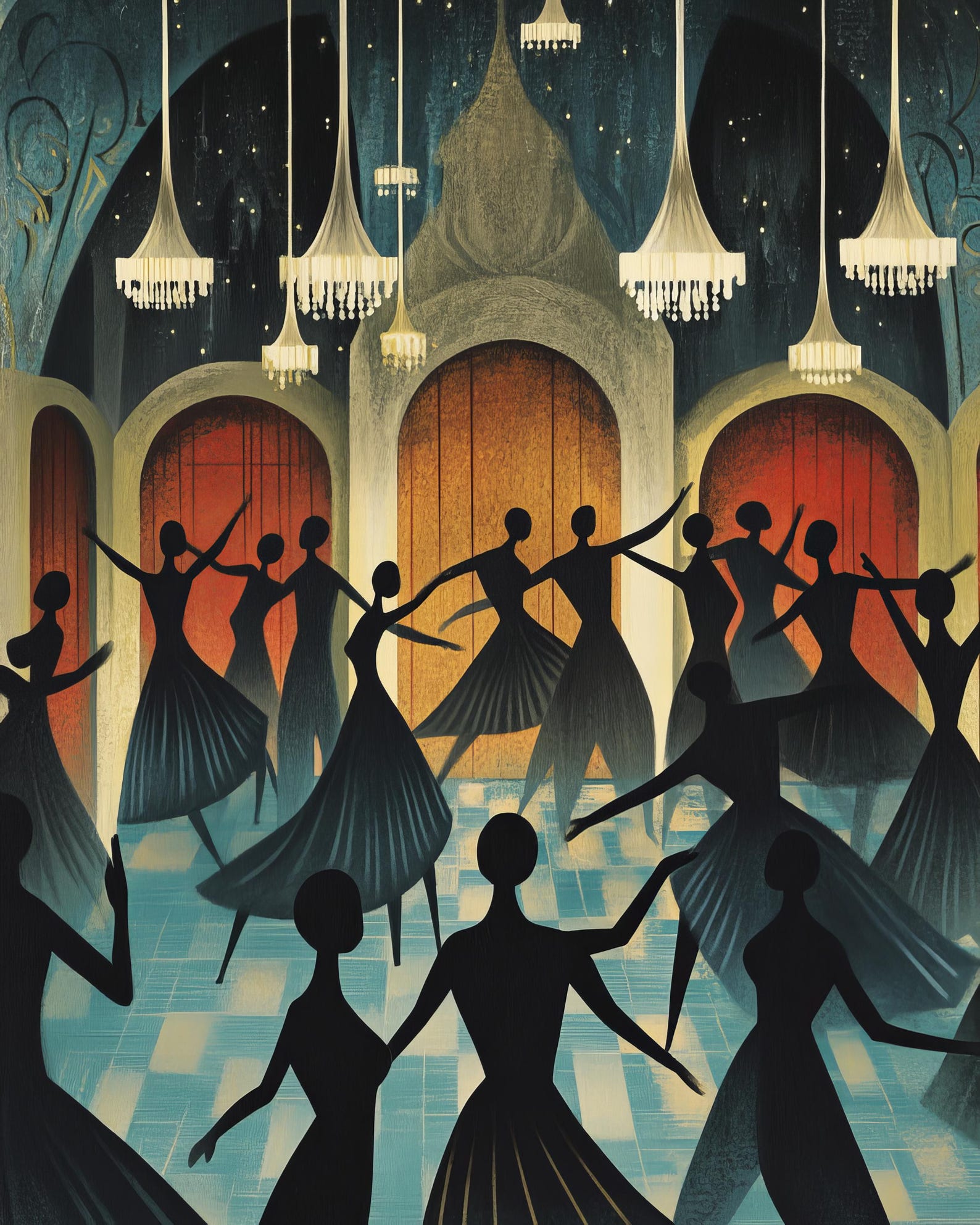 Art Deco Dance Hall Canvas Wall Art Faceless Dancers Twirling Under ...