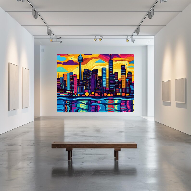 Pop Art Skyline Canvas Wall Art Vibrant Dusk Cityscape Print Bold Colorful Urban Decor image 1