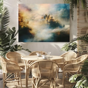 Romantic Fantasy Castle in the Clouds Wall Art with Knights  Mythical Creatures