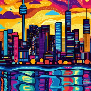 Pop Art Skyline Canvas Wall Art Vibrant Dusk Cityscape Print Bold Colorful Urban Decor image 2