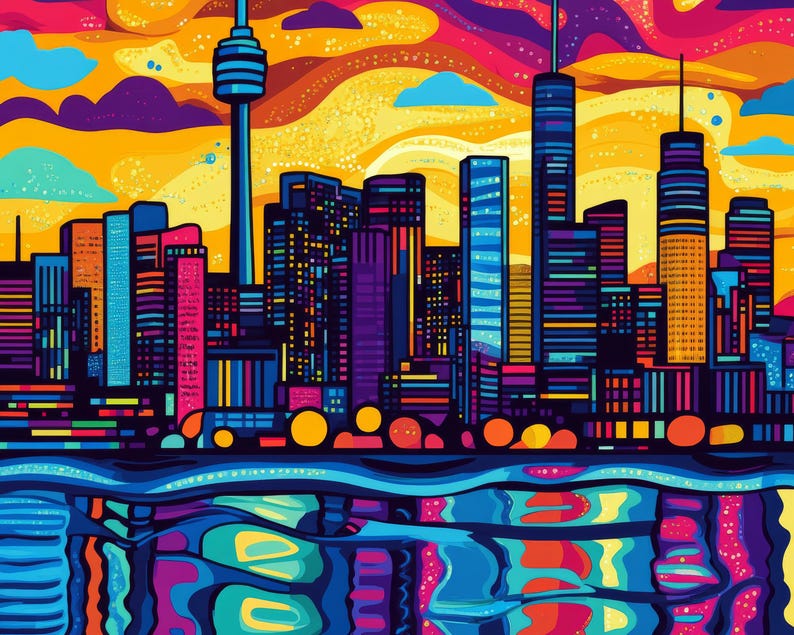 Pop Art Skyline Canvas Wall Art Vibrant Dusk Cityscape Print Bold Colorful Urban Decor image 2