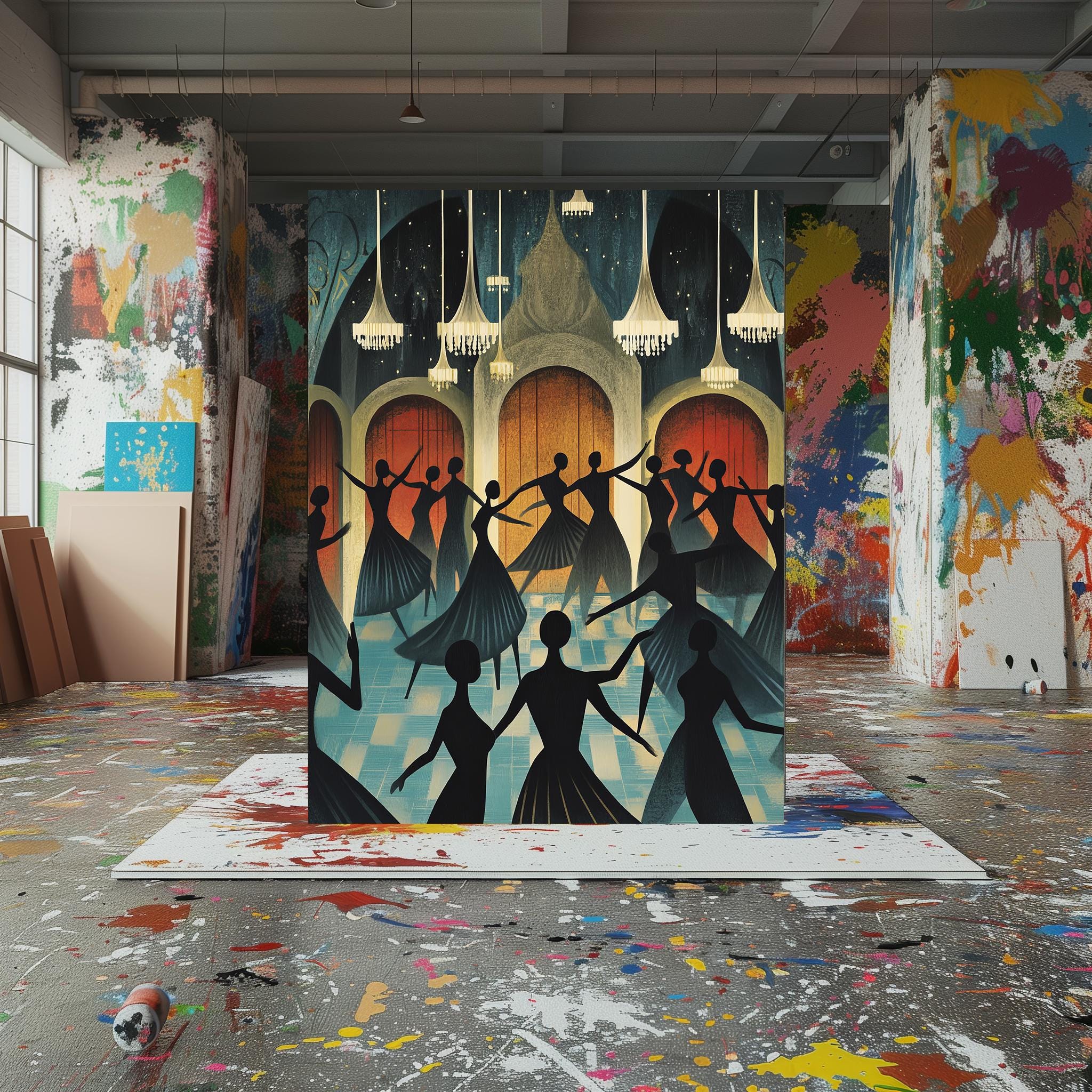 Art Deco Dance Hall Canvas Wall Art Faceless Dancers Twirling Under ...