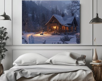 Cozy Mountain Cabin Snowflake Heartwarming Fireplace Art Print