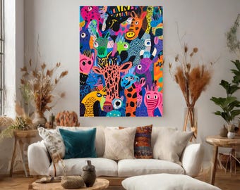Pop Art Zoo Canvas Wall Art  Colorful Animal Print Decor